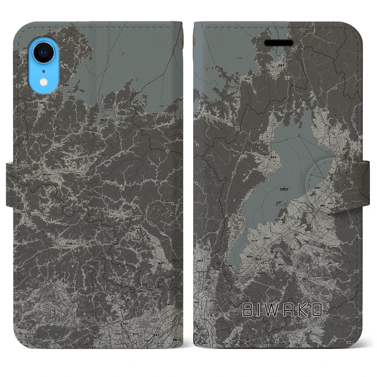 【琵琶湖2(滋賀県)】地図柄iPhoneケース(手帳タイプ)モノトーン・iPhone XR 用