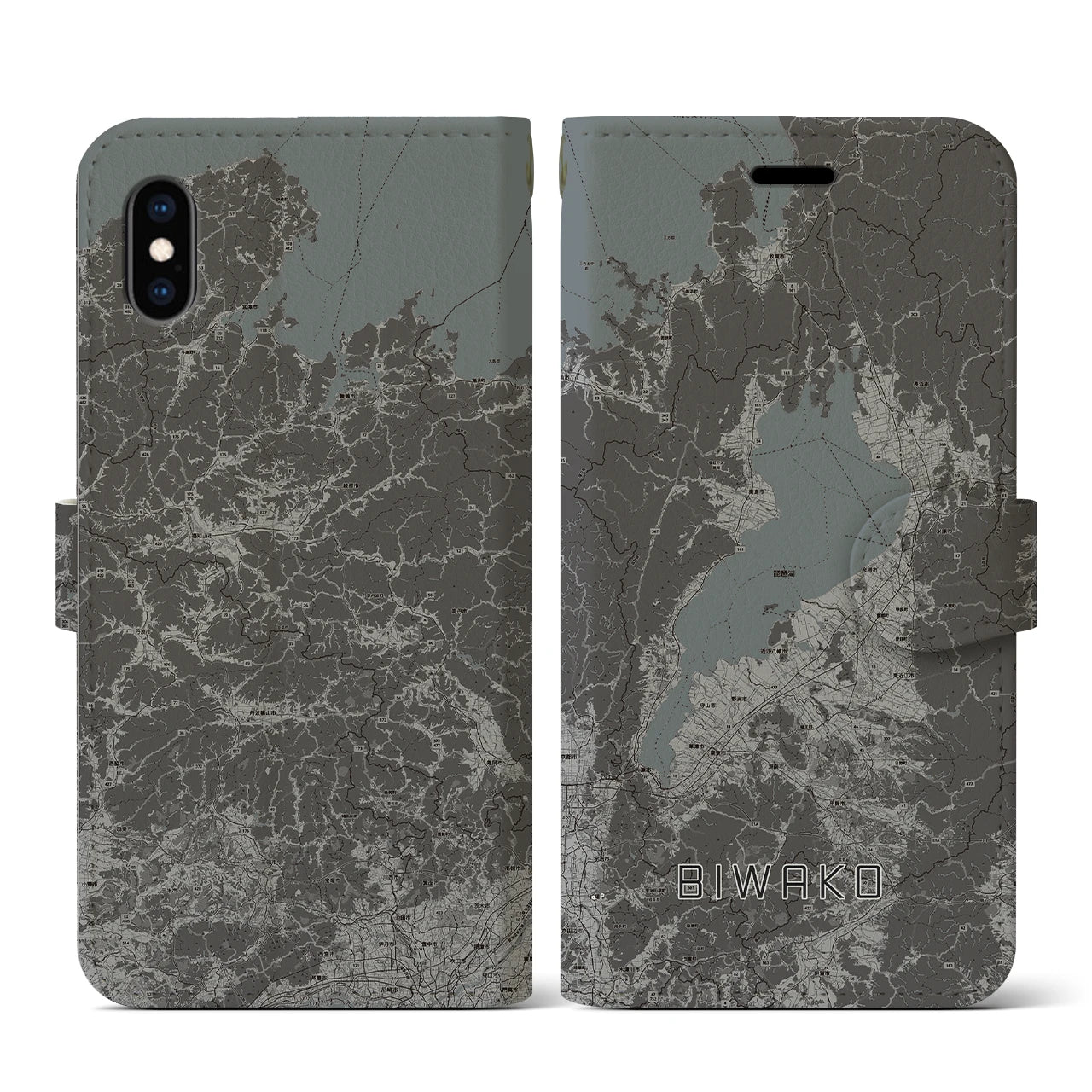 【琵琶湖2(滋賀県)】地図柄iPhoneケース(手帳タイプ)モノトーン・iPhone XS / X 用