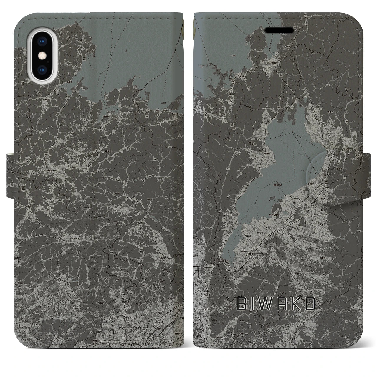 【琵琶湖2(滋賀県)】地図柄iPhoneケース(手帳タイプ)モノトーン・iPhone XS Max 用