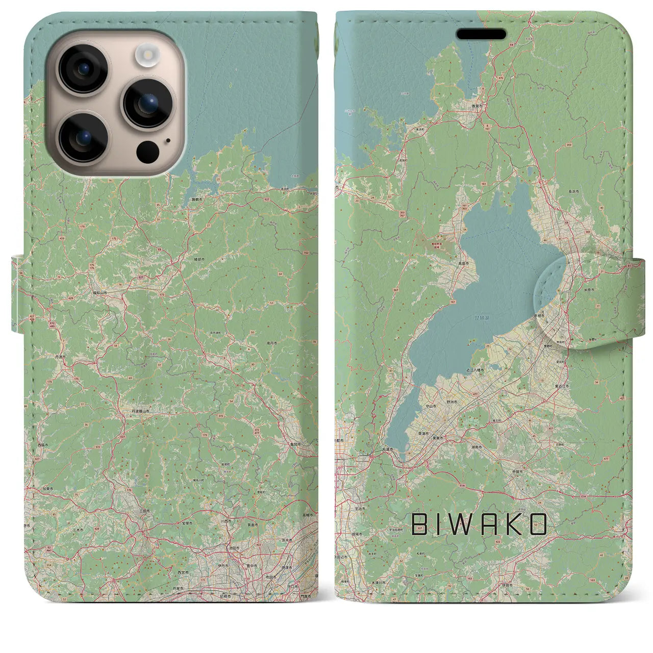 【琵琶湖2(滋賀県)】地図柄iPhoneケース(手帳タイプ)ナチュラル・iPhone 16 Plus 用
