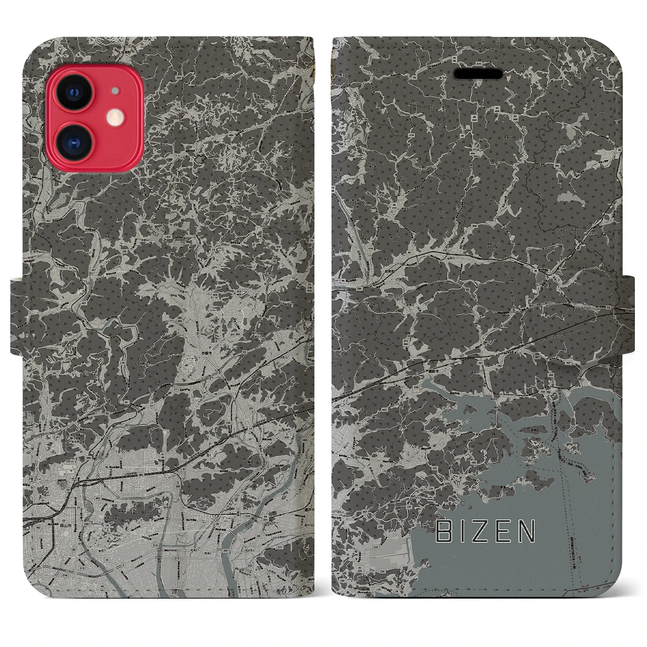 【備前(岡山県)】地図柄iPhoneケース(手帳タイプ)モノトーン・iPhone 11 用
