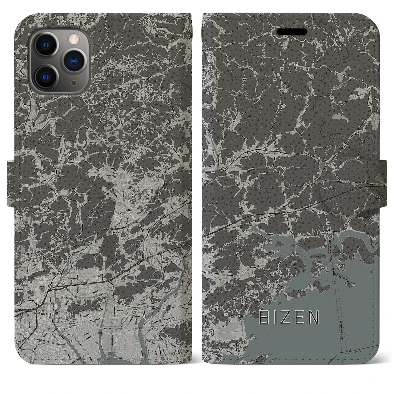 【備前(岡山県)】地図柄iPhoneケース(手帳タイプ)モノトーン・iPhone 11 Pro Max 用