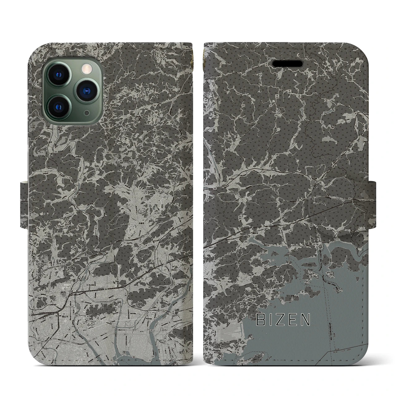 【備前(岡山県)】地図柄iPhoneケース(手帳タイプ)モノトーン・iPhone 11 Pro 用