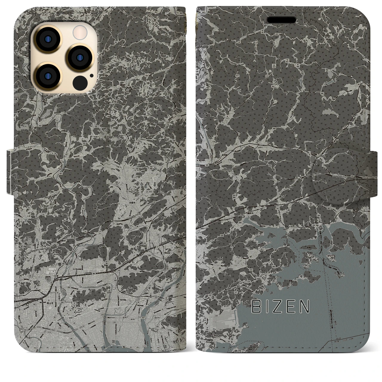 【備前(岡山県)】地図柄iPhoneケース(手帳タイプ)モノトーン・iPhone 12 Pro Max 用