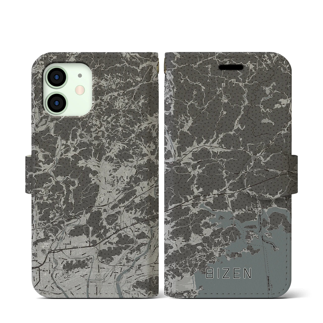 【備前(岡山県)】地図柄iPhoneケース(手帳タイプ)モノトーン・iPhone 12 mini 用
