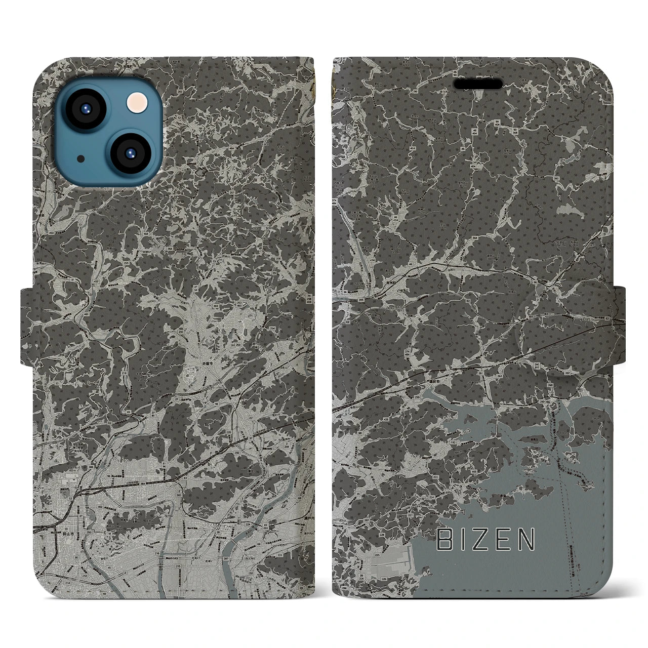 【備前(岡山県)】地図柄iPhoneケース(手帳タイプ)モノトーン・iPhone 13 用