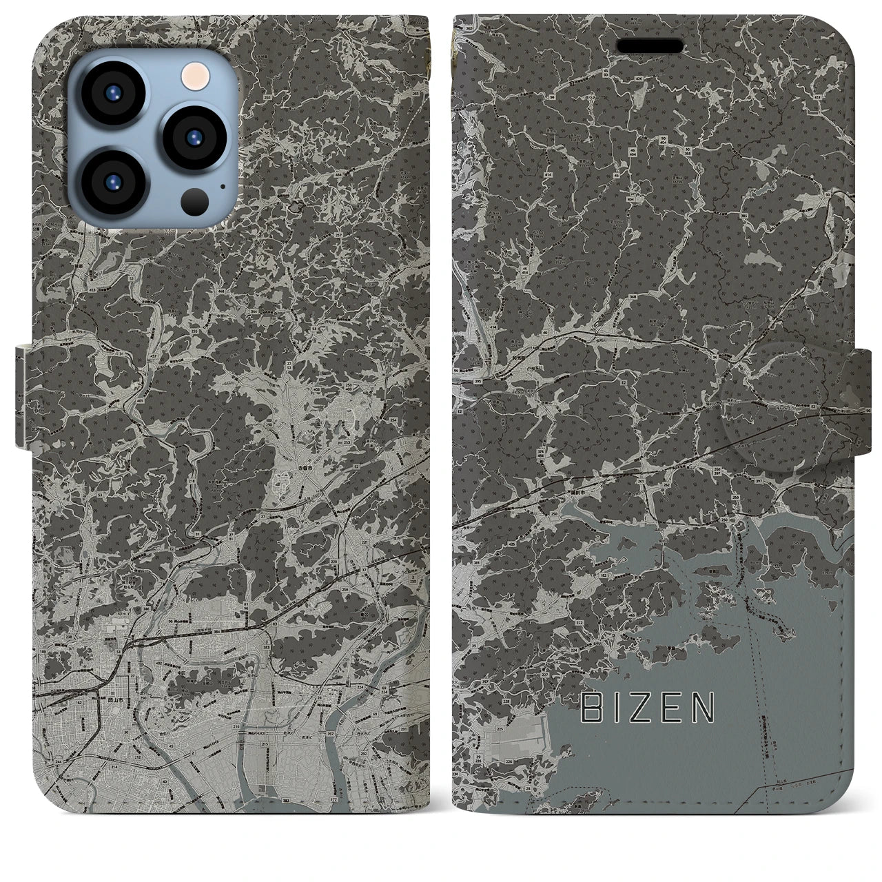 【備前(岡山県)】地図柄iPhoneケース(手帳タイプ)モノトーン・iPhone 13 Pro Max 用