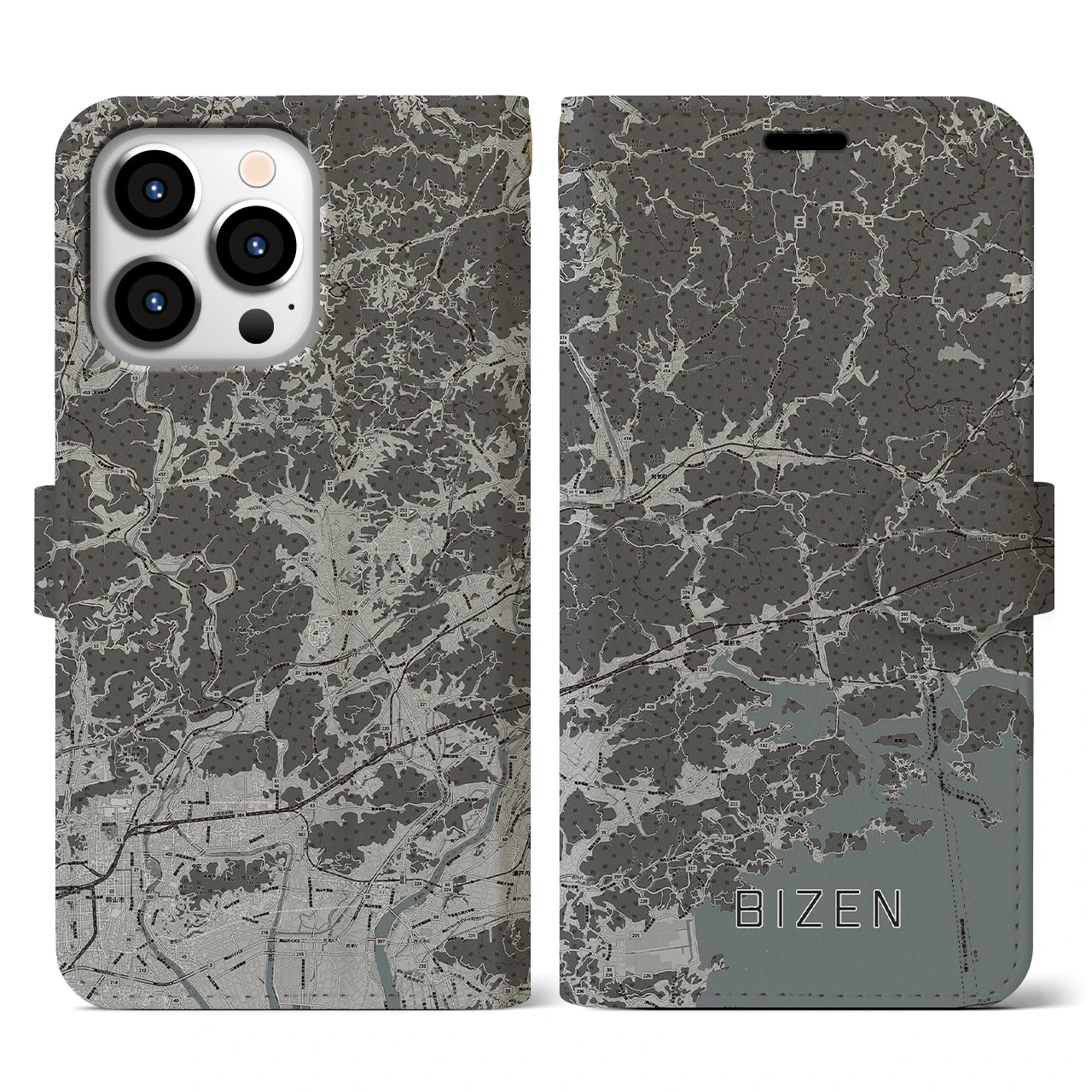 【備前(岡山県)】地図柄iPhoneケース(手帳タイプ)モノトーン・iPhone 13 Pro 用