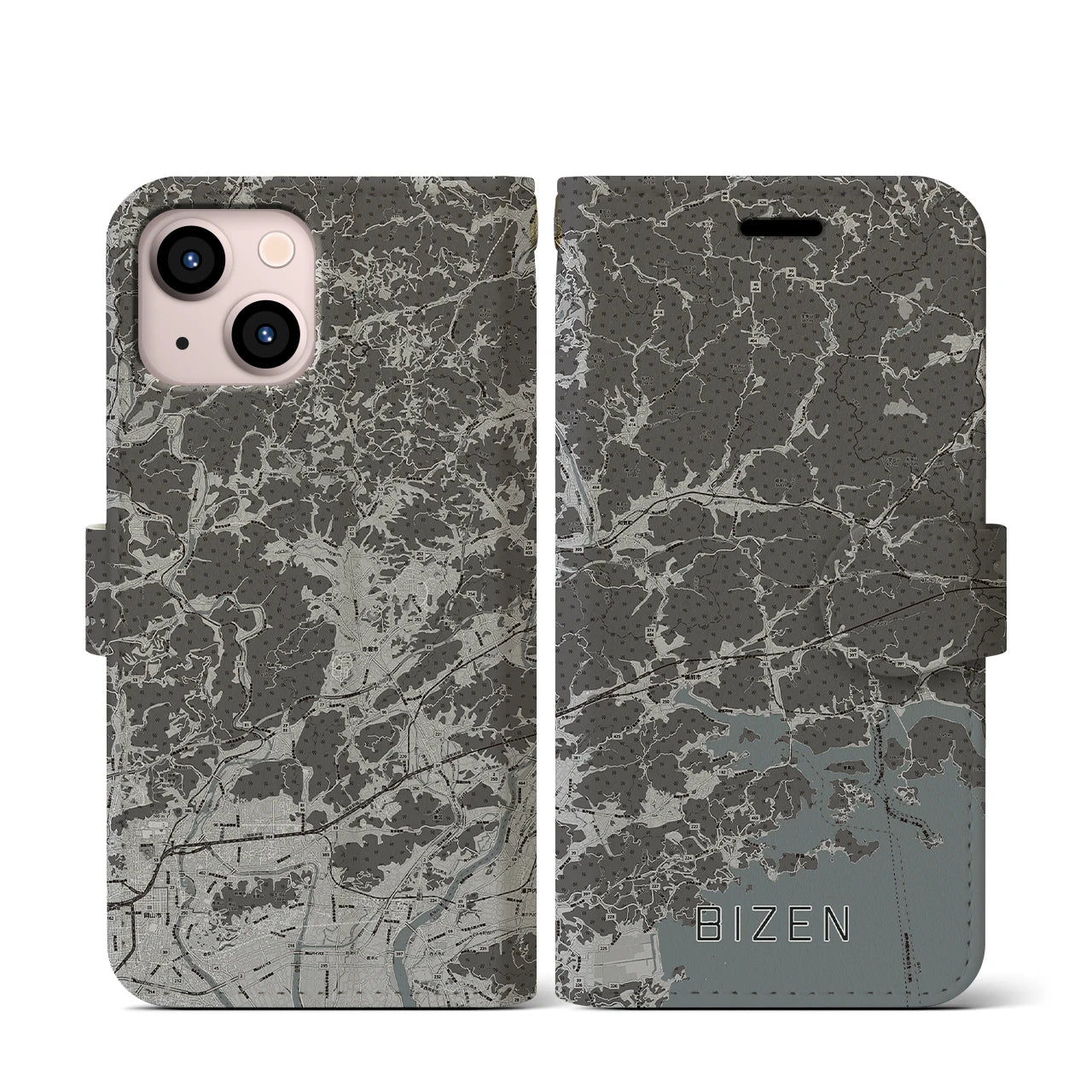 【備前(岡山県)】地図柄iPhoneケース(手帳タイプ)モノトーン・iPhone 13 mini 用