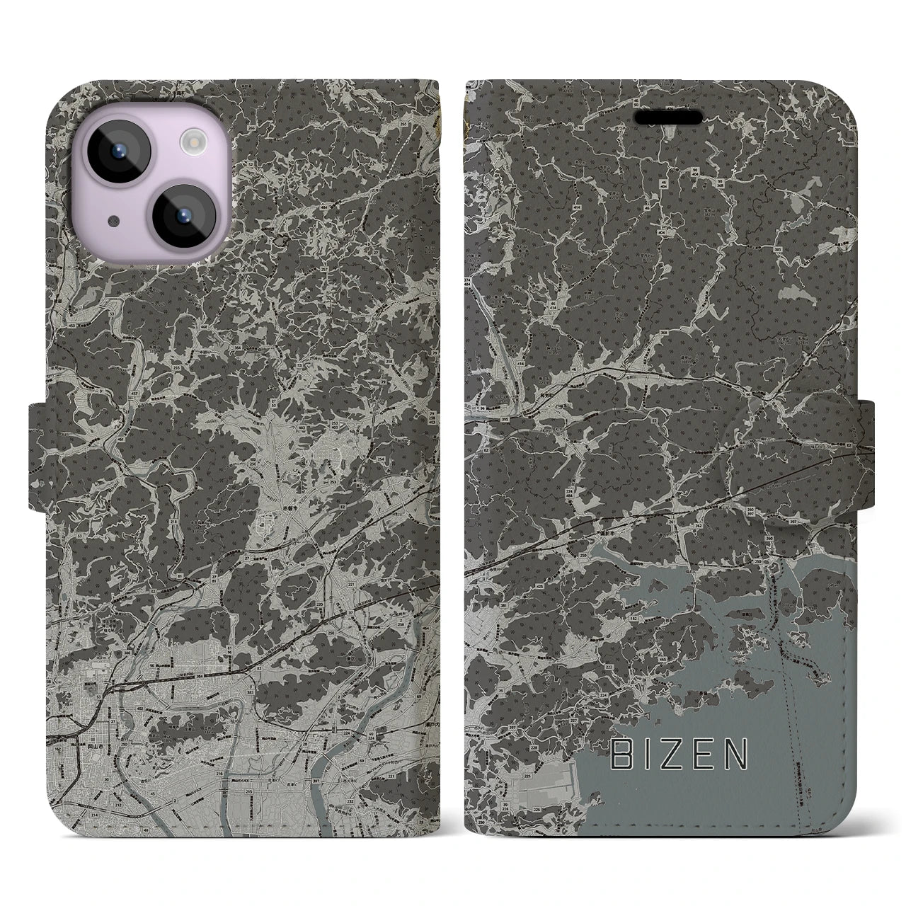 【備前(岡山県)】地図柄iPhoneケース(手帳タイプ)モノトーン・iPhone 14 用