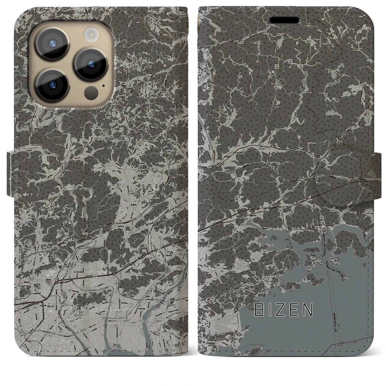 【備前(岡山県)】地図柄iPhoneケース(手帳タイプ)モノトーン・iPhone 14 Pro Max 用