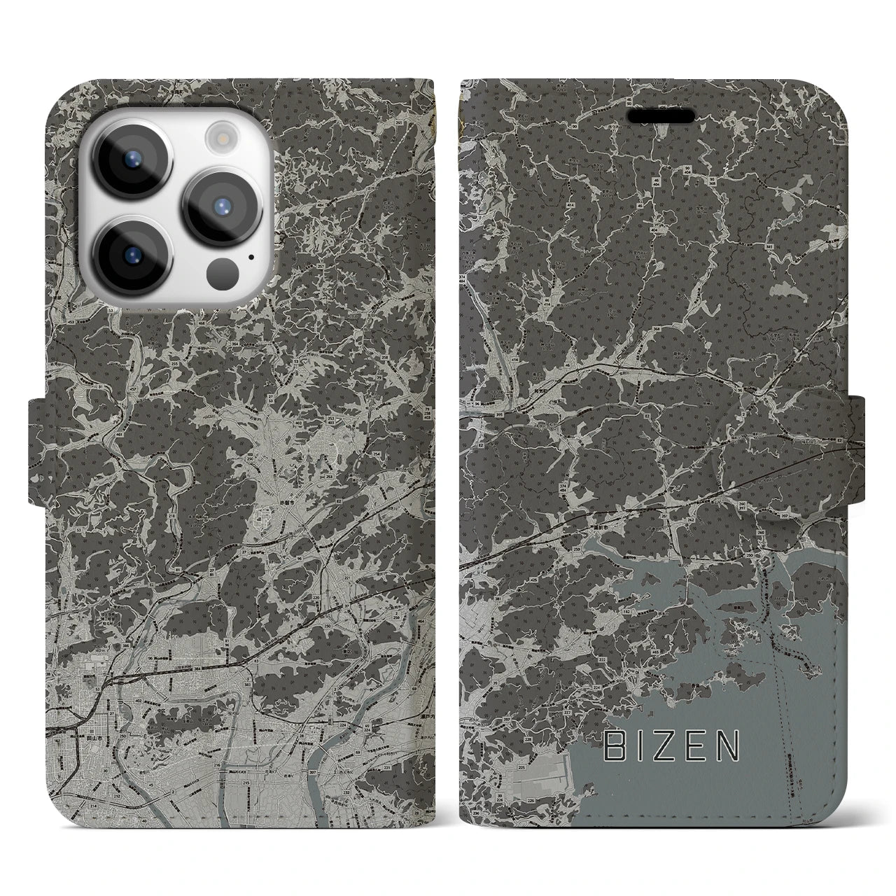【備前(岡山県)】地図柄iPhoneケース(手帳タイプ)モノトーン・iPhone 14 Pro 用