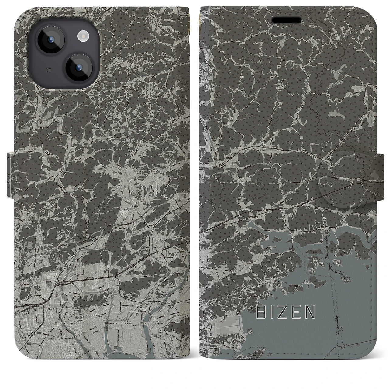 【備前(岡山県)】地図柄iPhoneケース(手帳タイプ)モノトーン・iPhone 14 Plus 用