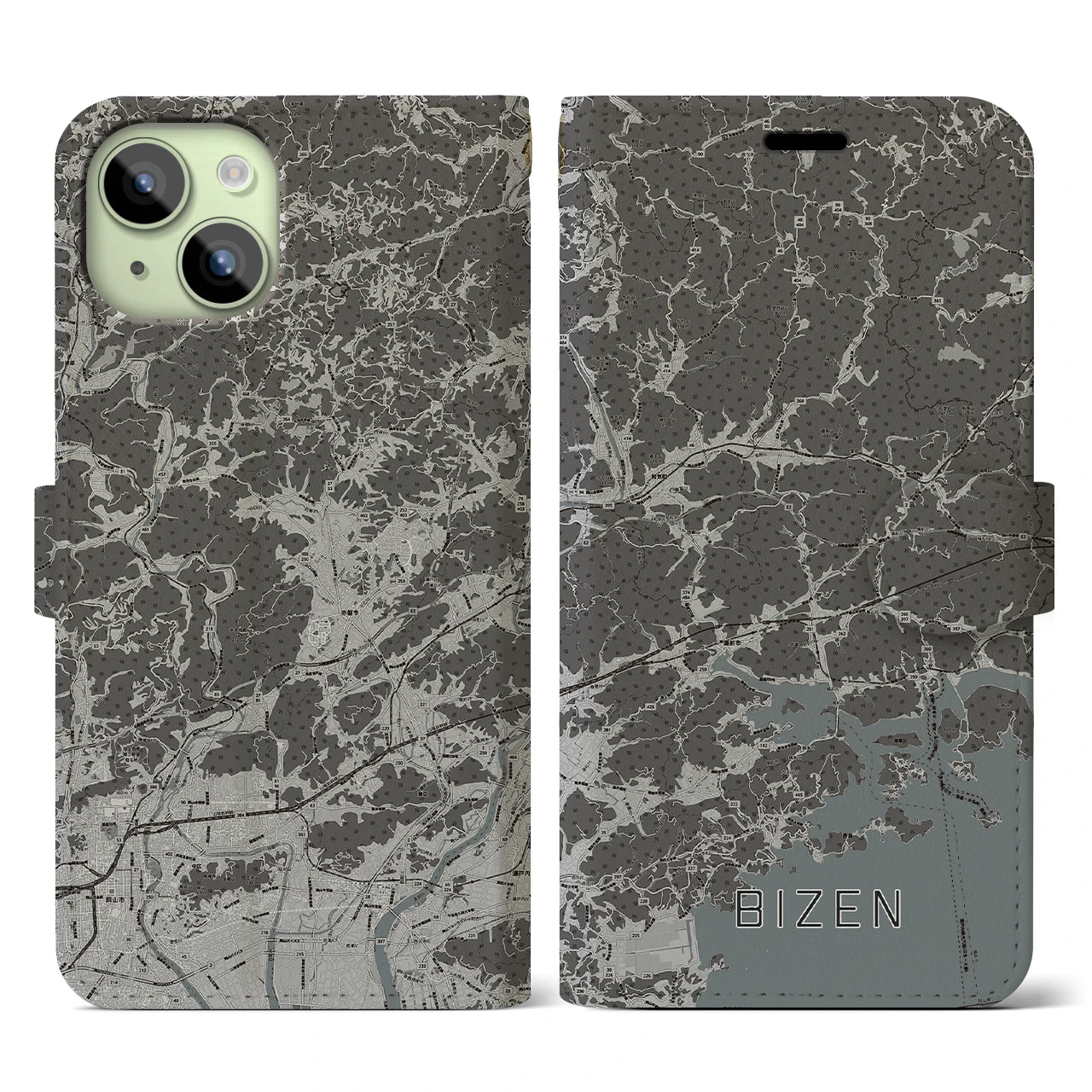 【備前(岡山県)】地図柄iPhoneケース(手帳タイプ)モノトーン・iPhone 15 用