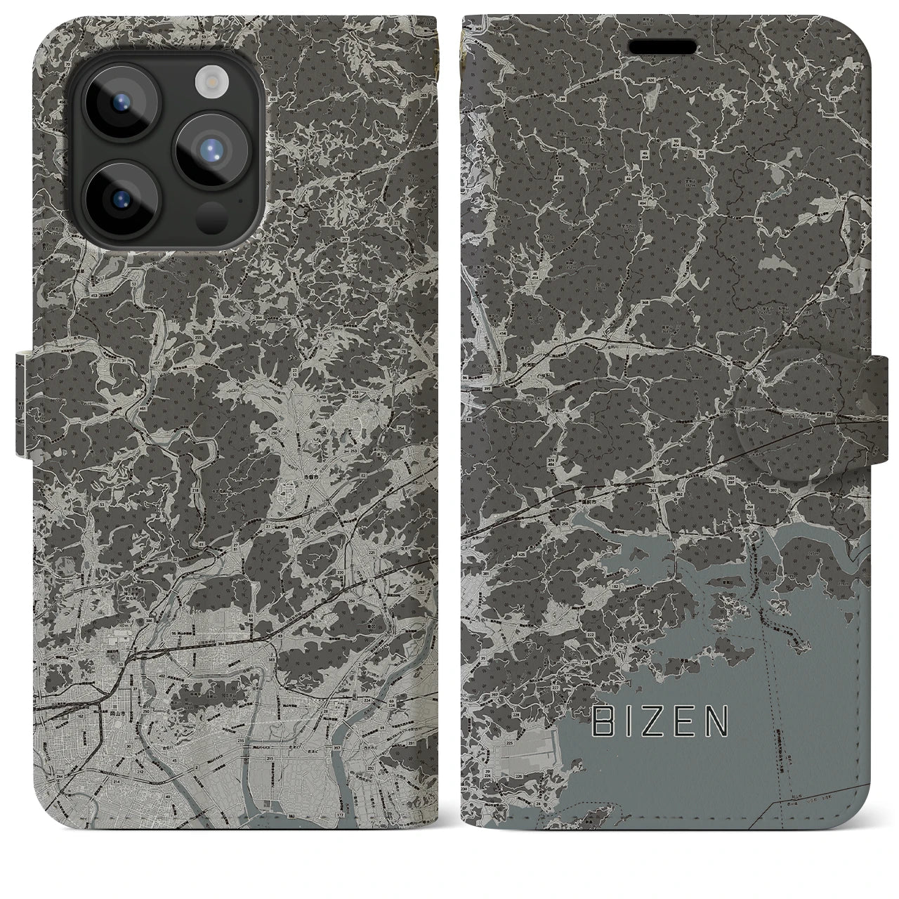 【備前(岡山県)】地図柄iPhoneケース(手帳タイプ)モノトーン・iPhone 15 Pro Max 用