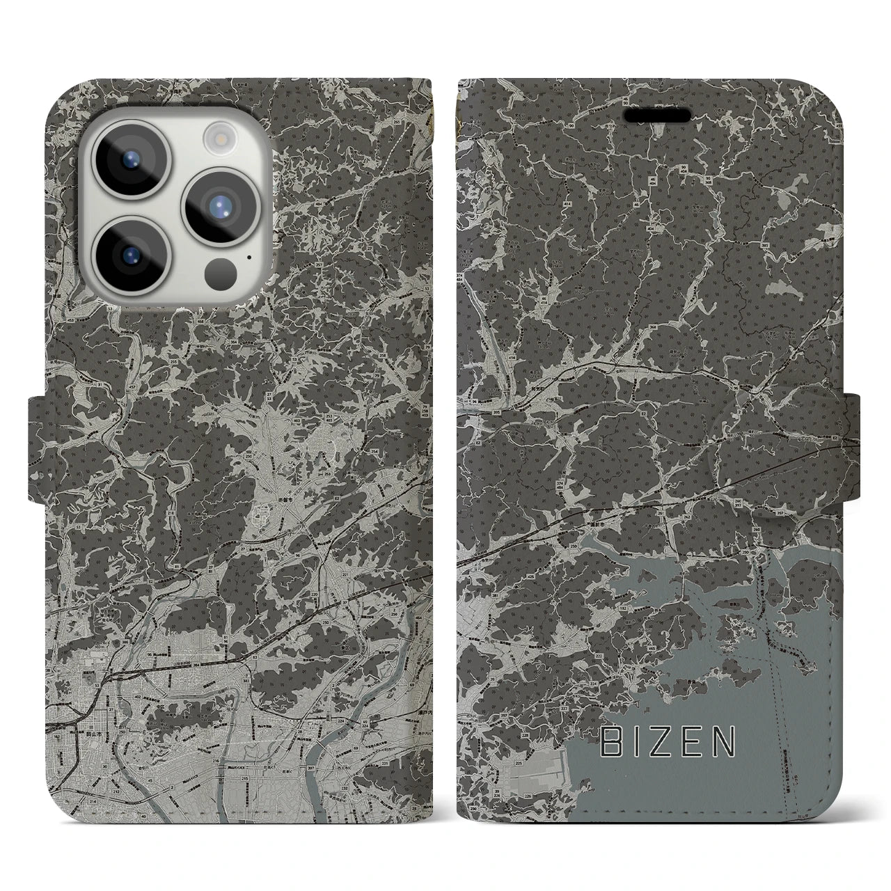 【備前(岡山県)】地図柄iPhoneケース(手帳タイプ)モノトーン・iPhone 15 Pro 用