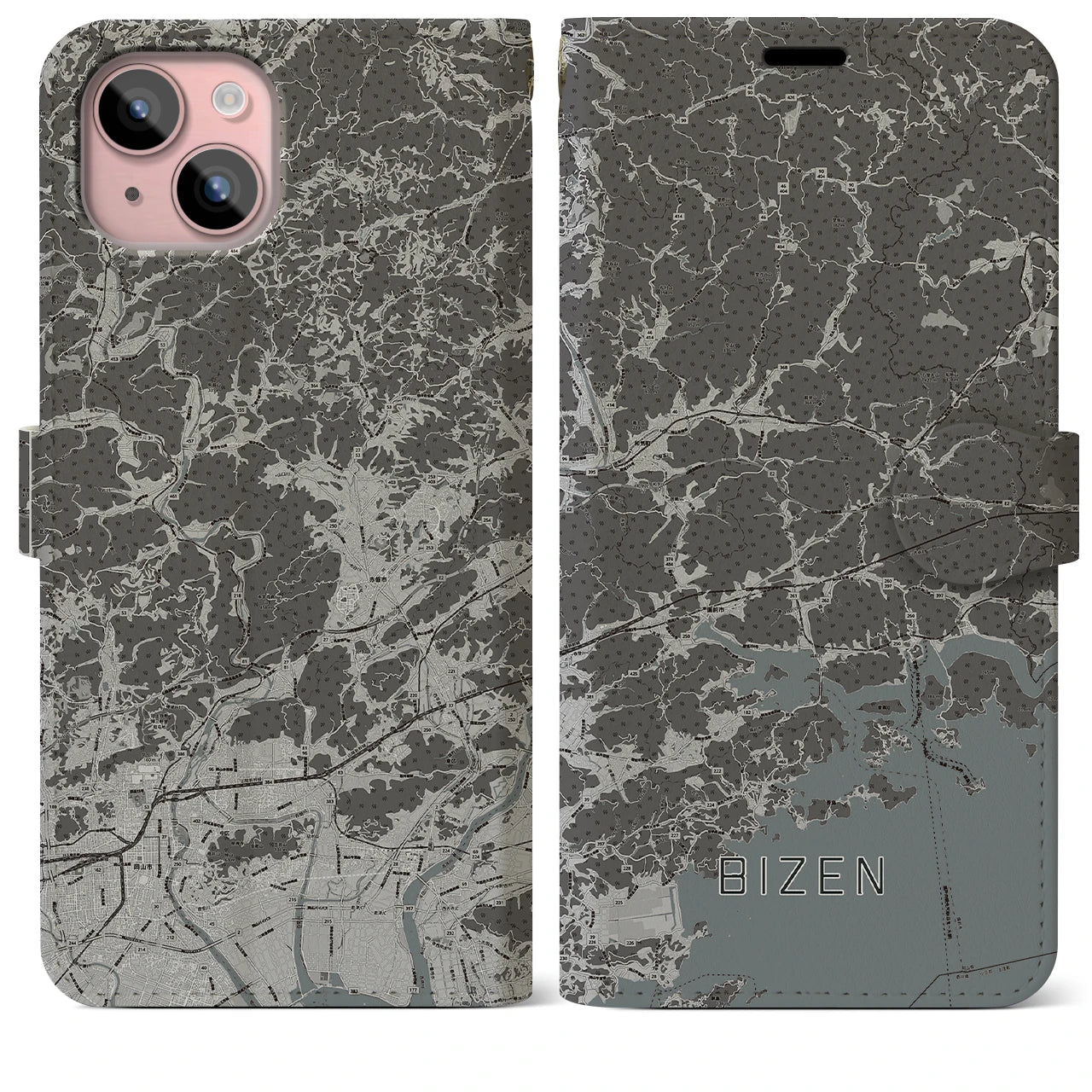 【備前(岡山県)】地図柄iPhoneケース(手帳タイプ)モノトーン・iPhone 15 Plus 用