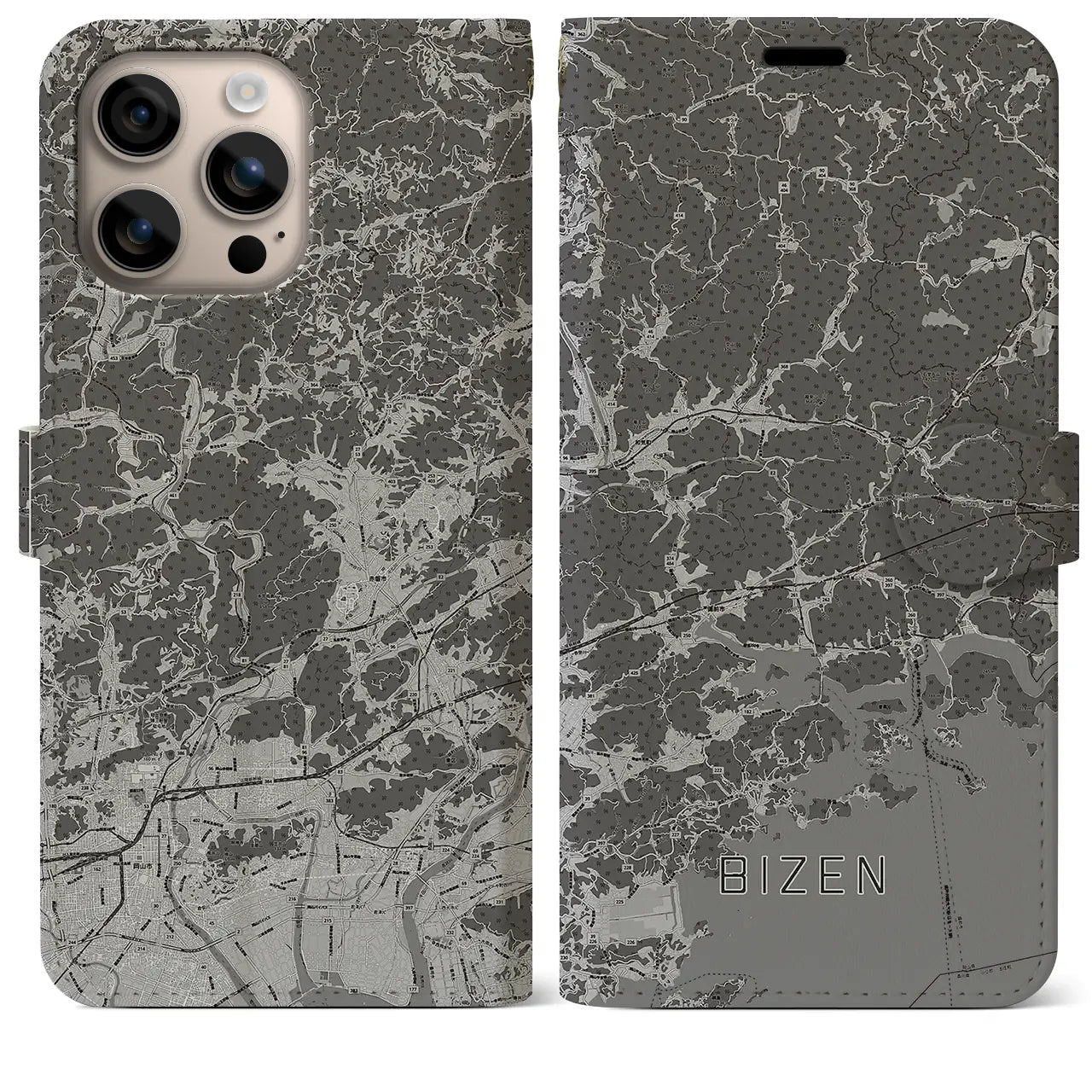 【備前(岡山県)】地図柄iPhoneケース(手帳タイプ)モノトーン・iPhone 16 Plus 用