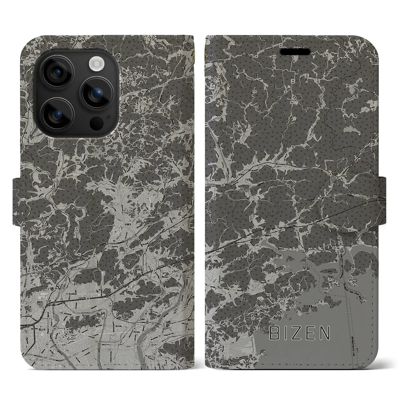【備前(岡山県)】地図柄iPhoneケース(手帳タイプ)モノトーン・iPhone 16 用