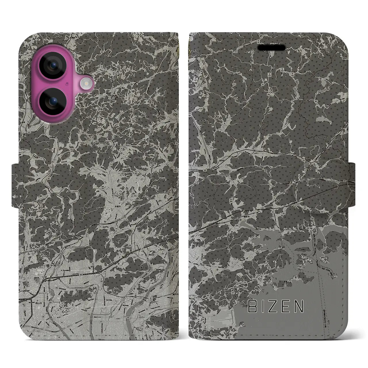 【備前(岡山県)】地図柄iPhoneケース(手帳タイプ)モノトーン・iPhone 16 Pro 用