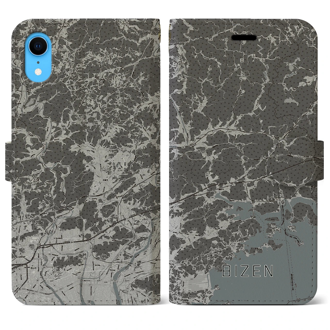 【備前(岡山県)】地図柄iPhoneケース(手帳タイプ)モノトーン・iPhone XR 用