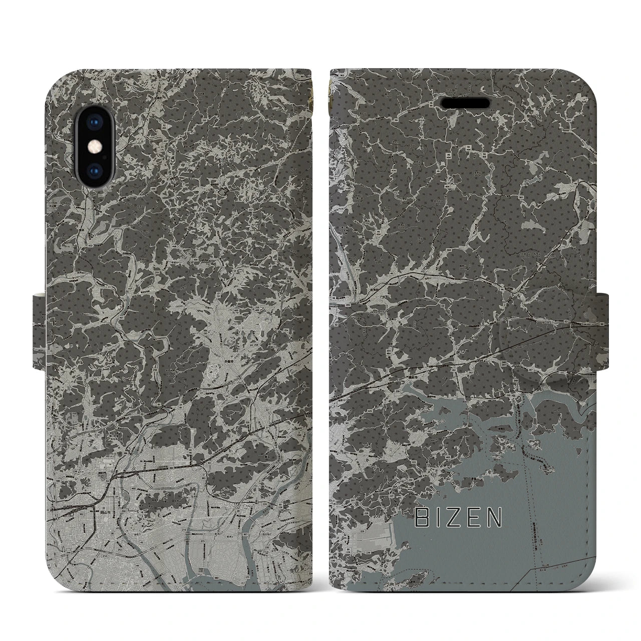 【備前(岡山県)】地図柄iPhoneケース(手帳タイプ)モノトーン・iPhone XS / X 用