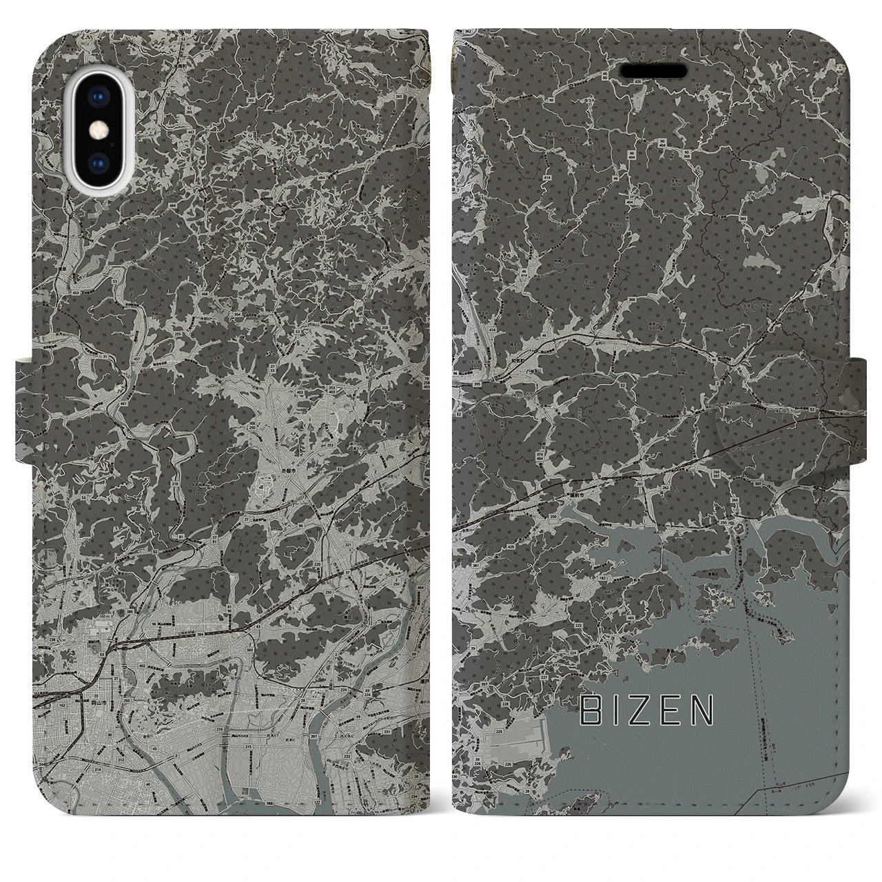【備前(岡山県)】地図柄iPhoneケース(手帳タイプ)モノトーン・iPhone XS Max 用