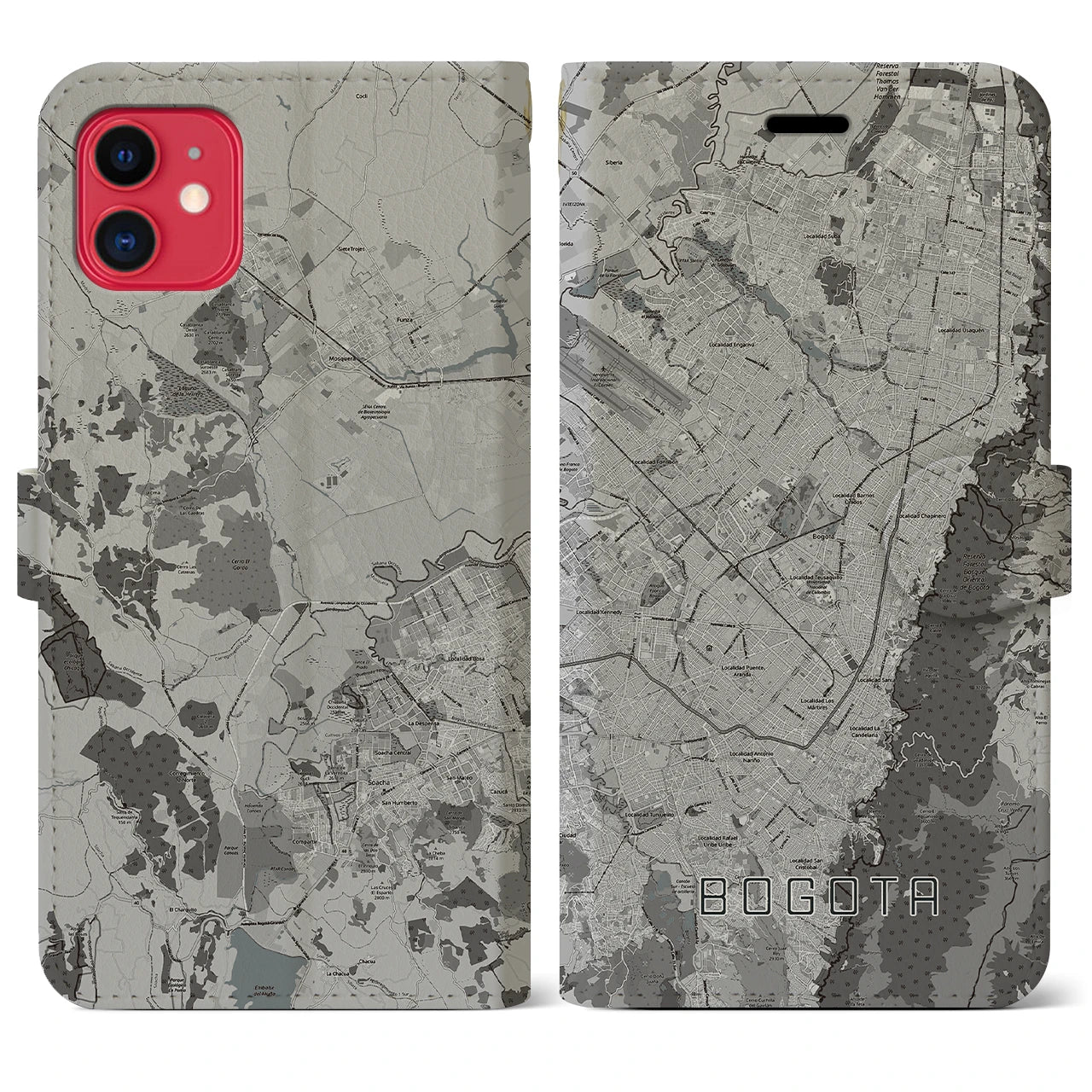 【ボゴタ(コロンビア)】地図柄iPhoneケース(手帳タイプ)モノトーン・iPhone 11 用