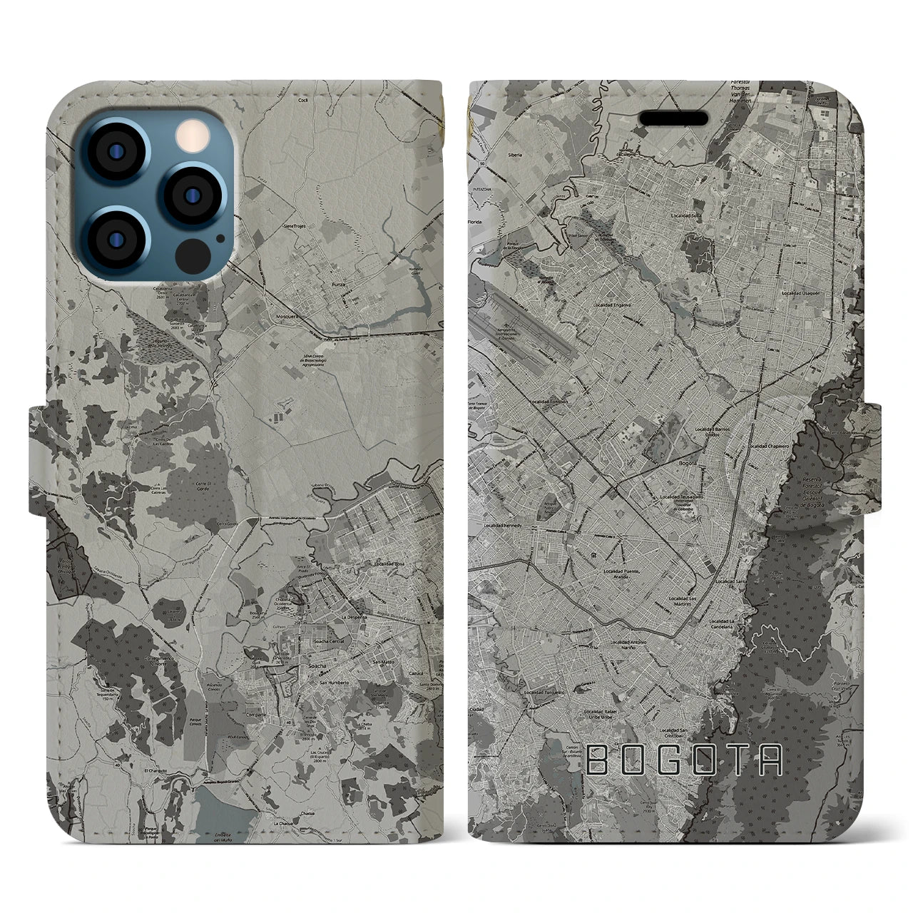 【ボゴタ(コロンビア)】地図柄iPhoneケース(手帳タイプ)モノトーン・iPhone 12 / 12 Pro 用