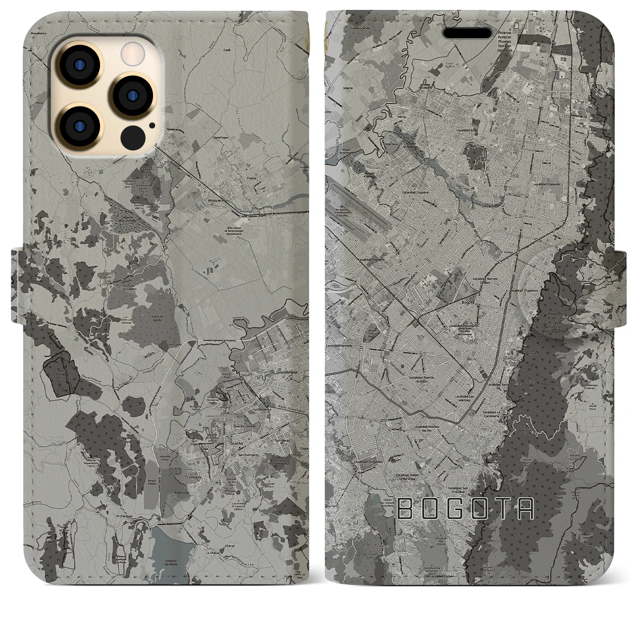 【ボゴタ(コロンビア)】地図柄iPhoneケース(手帳タイプ)モノトーン・iPhone 12 Pro Max 用
