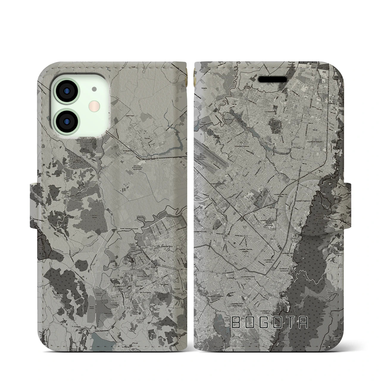 【ボゴタ(コロンビア)】地図柄iPhoneケース(手帳タイプ)モノトーン・iPhone 12 mini 用