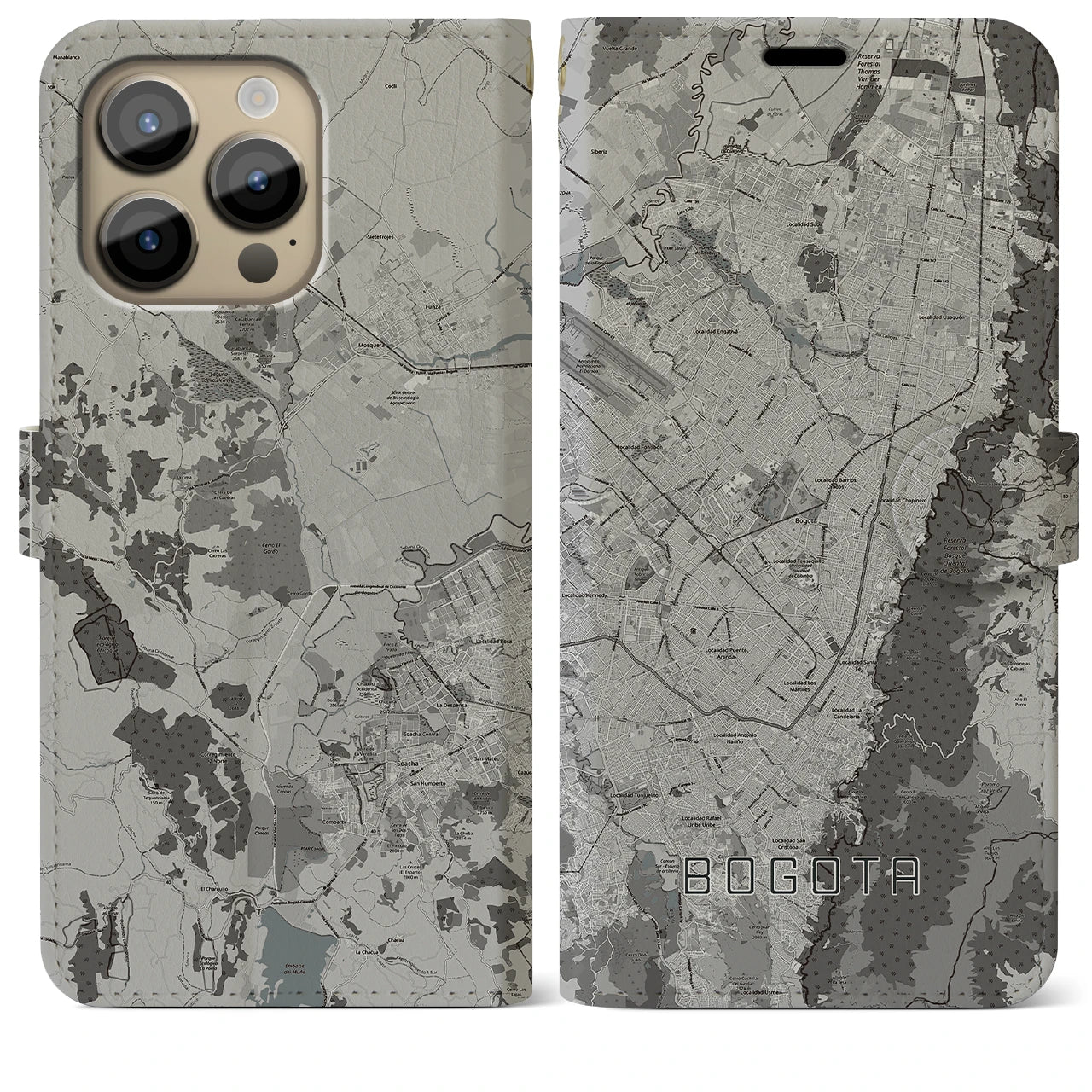 【ボゴタ(コロンビア)】地図柄iPhoneケース(手帳タイプ)モノトーン・iPhone 14 Pro Max 用