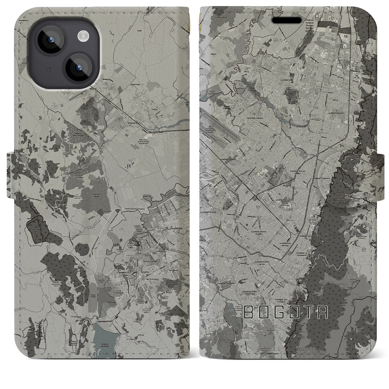 【ボゴタ(コロンビア)】地図柄iPhoneケース(手帳タイプ)モノトーン・iPhone 14 Plus 用