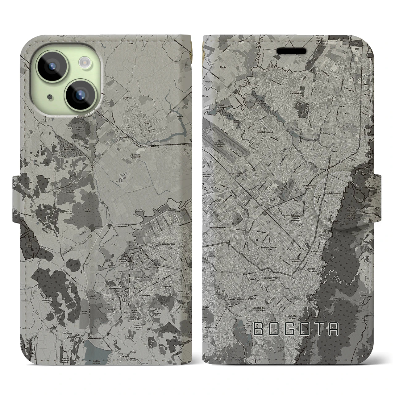 【ボゴタ(コロンビア)】地図柄iPhoneケース(手帳タイプ)モノトーン・iPhone 15 用