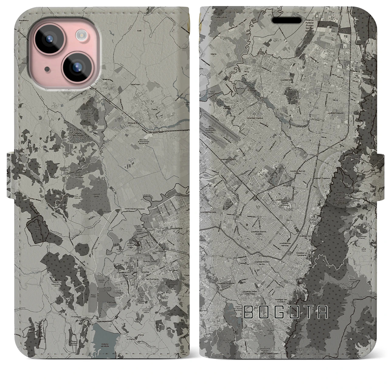 【ボゴタ(コロンビア)】地図柄iPhoneケース(手帳タイプ)モノトーン・iPhone 15 Plus 用