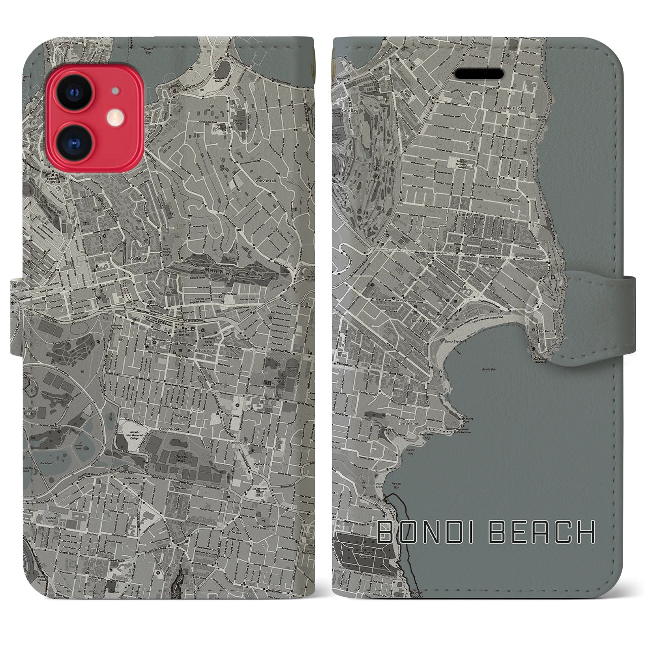 【ボンダイビーチ(オーストラリア)】地図柄iPhoneケース(手帳タイプ)モノトーン・iPhone 11 用