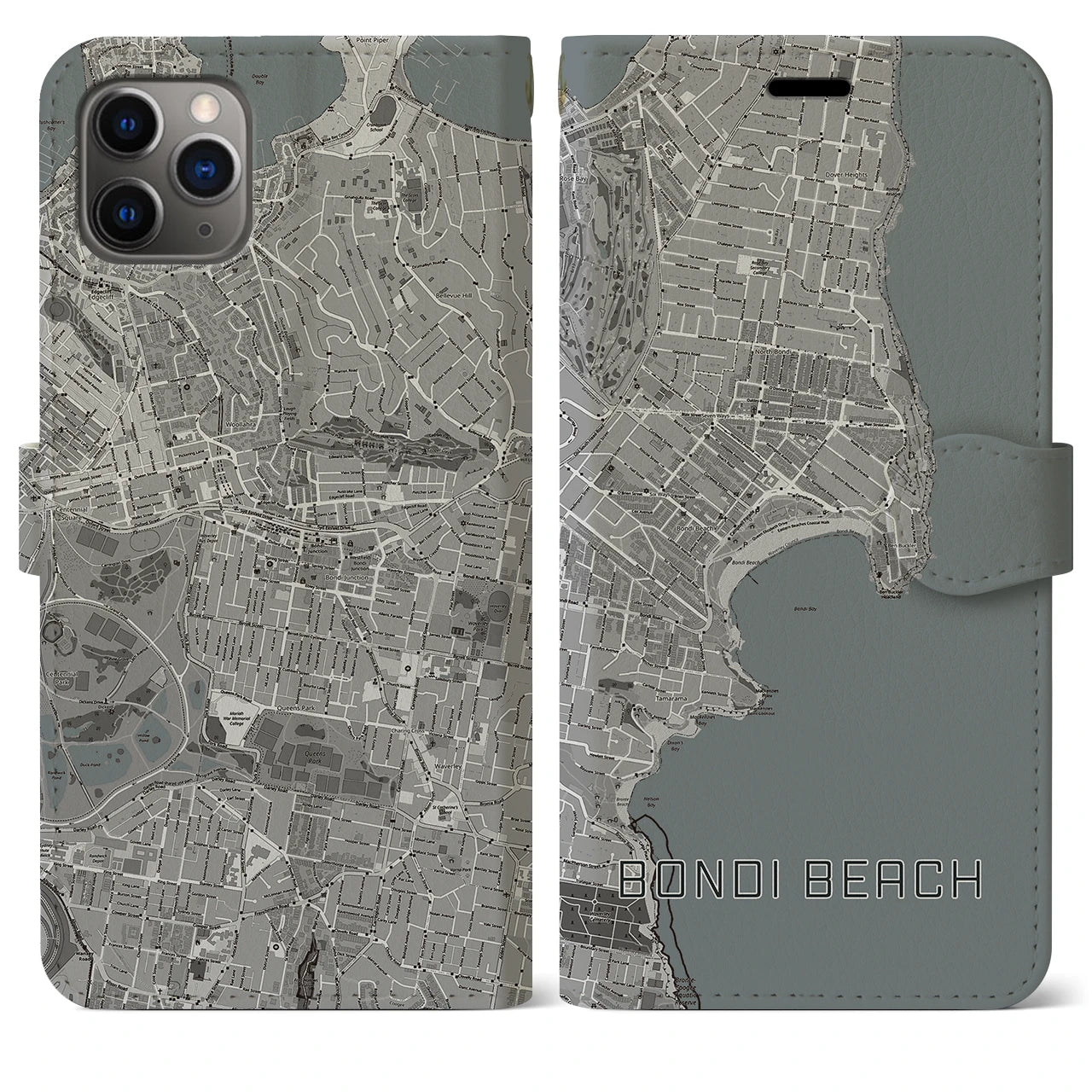 【ボンダイビーチ(オーストラリア)】地図柄iPhoneケース(手帳タイプ)モノトーン・iPhone 11 Pro Max 用