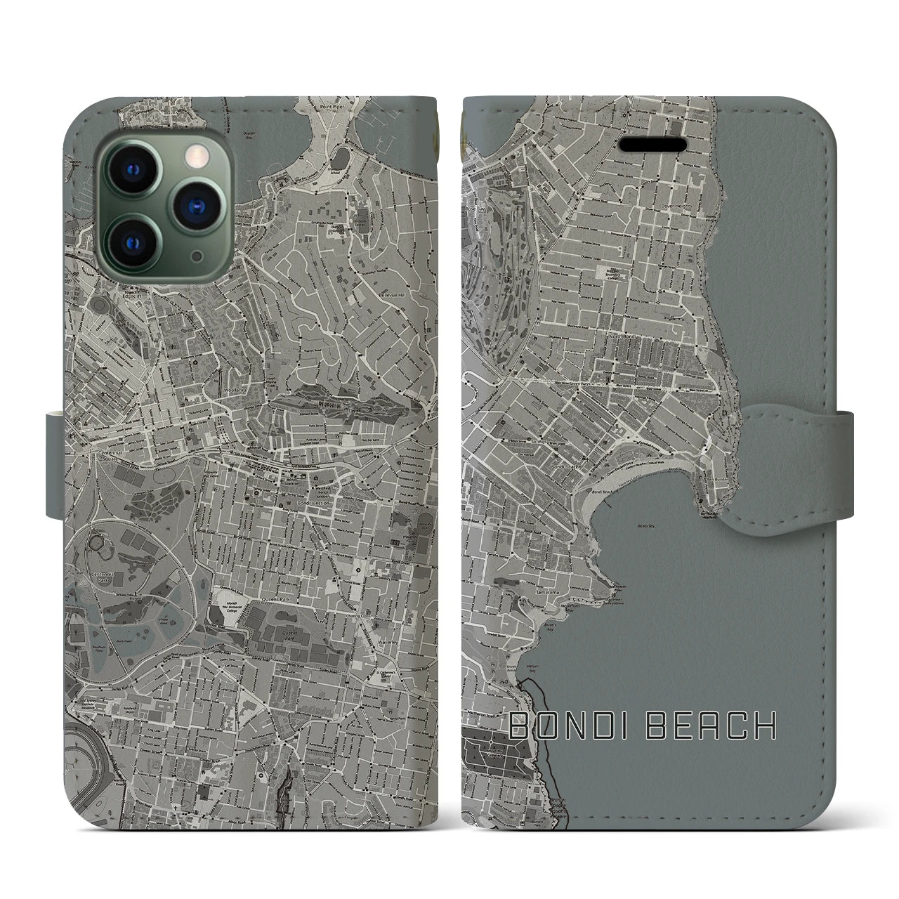 【ボンダイビーチ(オーストラリア)】地図柄iPhoneケース(手帳タイプ)モノトーン・iPhone 11 Pro 用