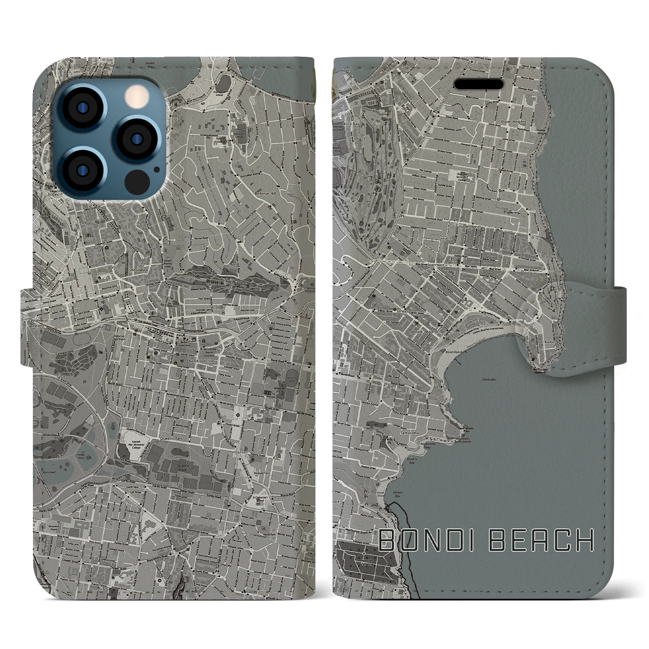 【ボンダイビーチ(オーストラリア)】地図柄iPhoneケース(手帳タイプ)モノトーン・iPhone 12 / 12 Pro 用