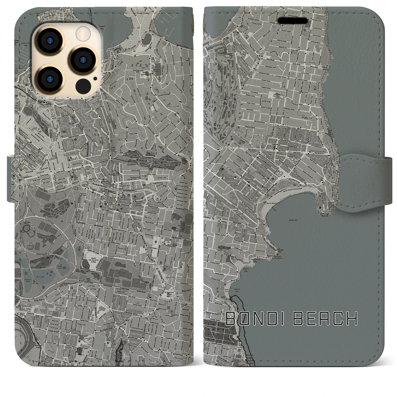 【ボンダイビーチ(オーストラリア)】地図柄iPhoneケース(手帳タイプ)モノトーン・iPhone 12 Pro Max 用