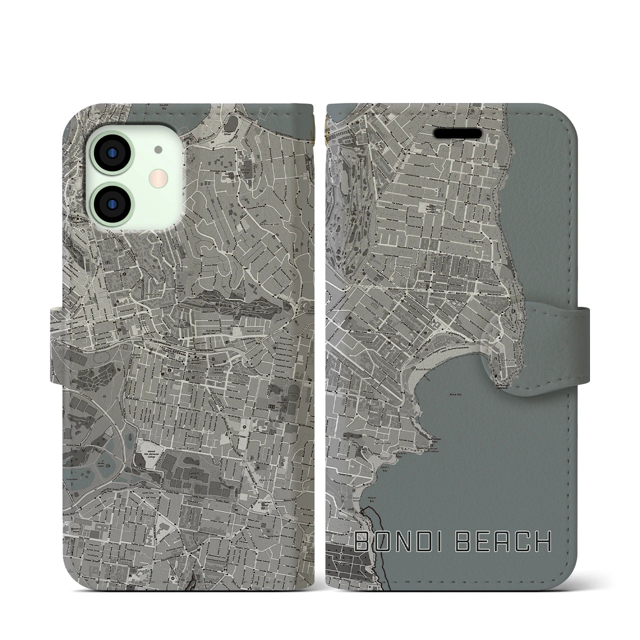 【ボンダイビーチ(オーストラリア)】地図柄iPhoneケース(手帳タイプ)モノトーン・iPhone 12 mini 用