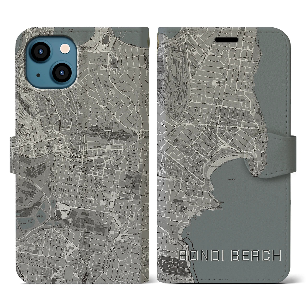 【ボンダイビーチ(オーストラリア)】地図柄iPhoneケース(手帳タイプ)モノトーン・iPhone 13 用