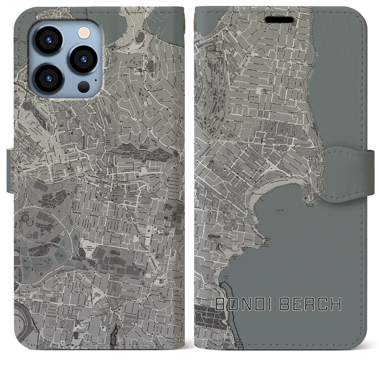 【ボンダイビーチ(オーストラリア)】地図柄iPhoneケース(手帳タイプ)モノトーン・iPhone 13 Pro Max 用