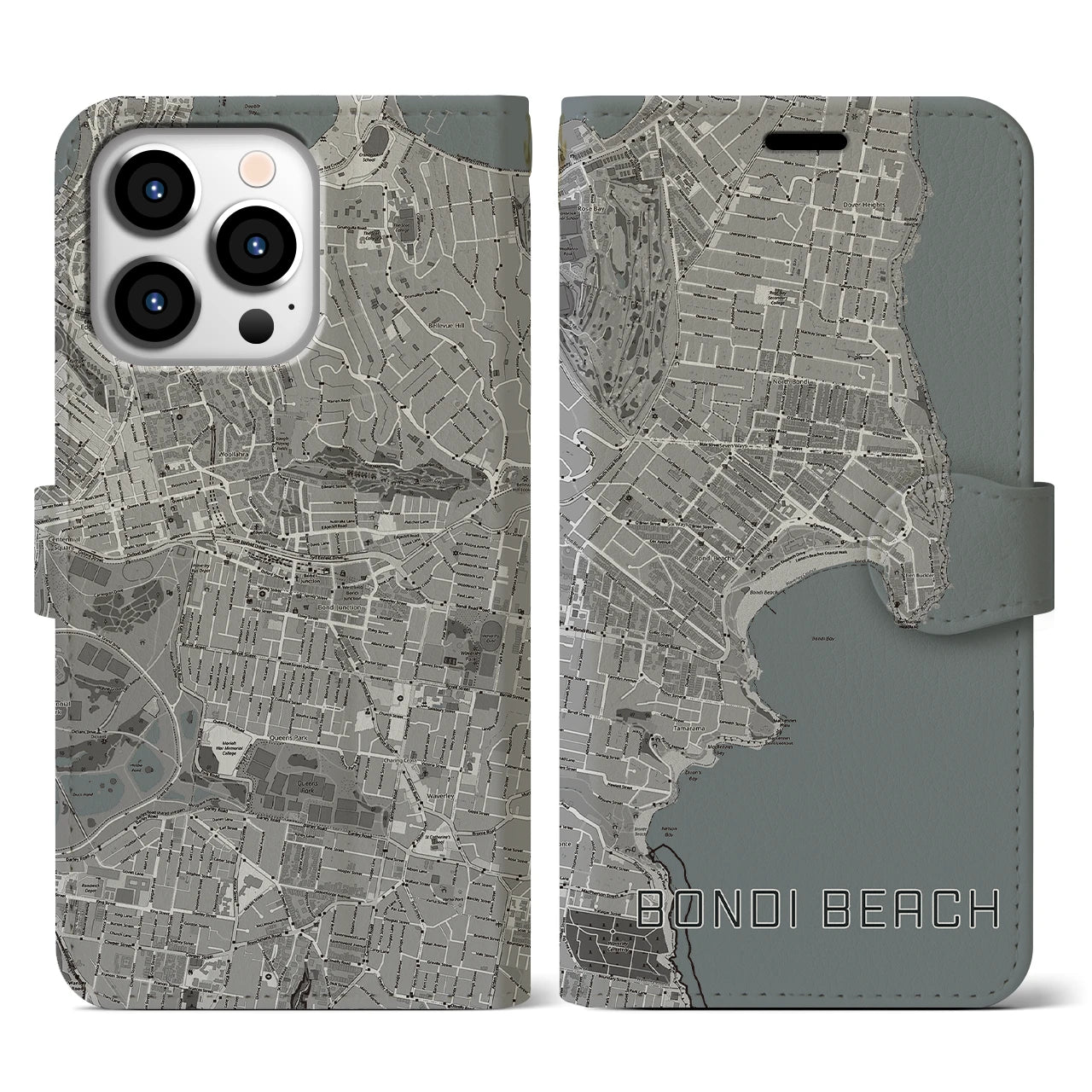 【ボンダイビーチ(オーストラリア)】地図柄iPhoneケース(手帳タイプ)モノトーン・iPhone 13 Pro 用