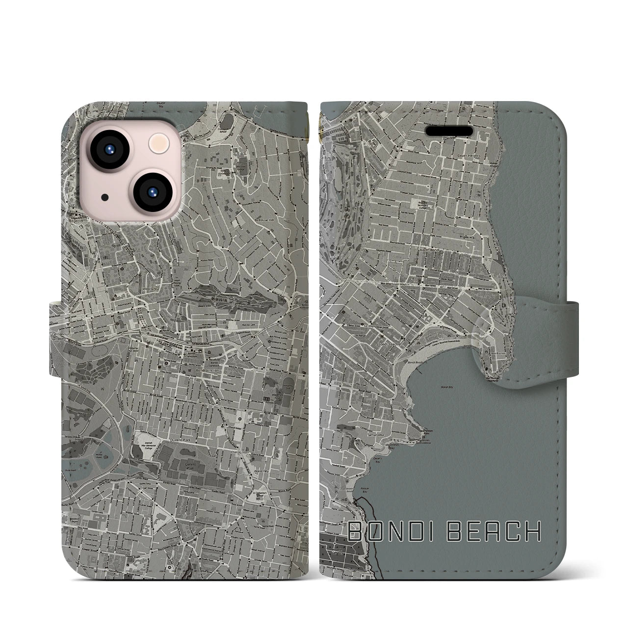 【ボンダイビーチ(オーストラリア)】地図柄iPhoneケース(手帳タイプ)モノトーン・iPhone 13 mini 用