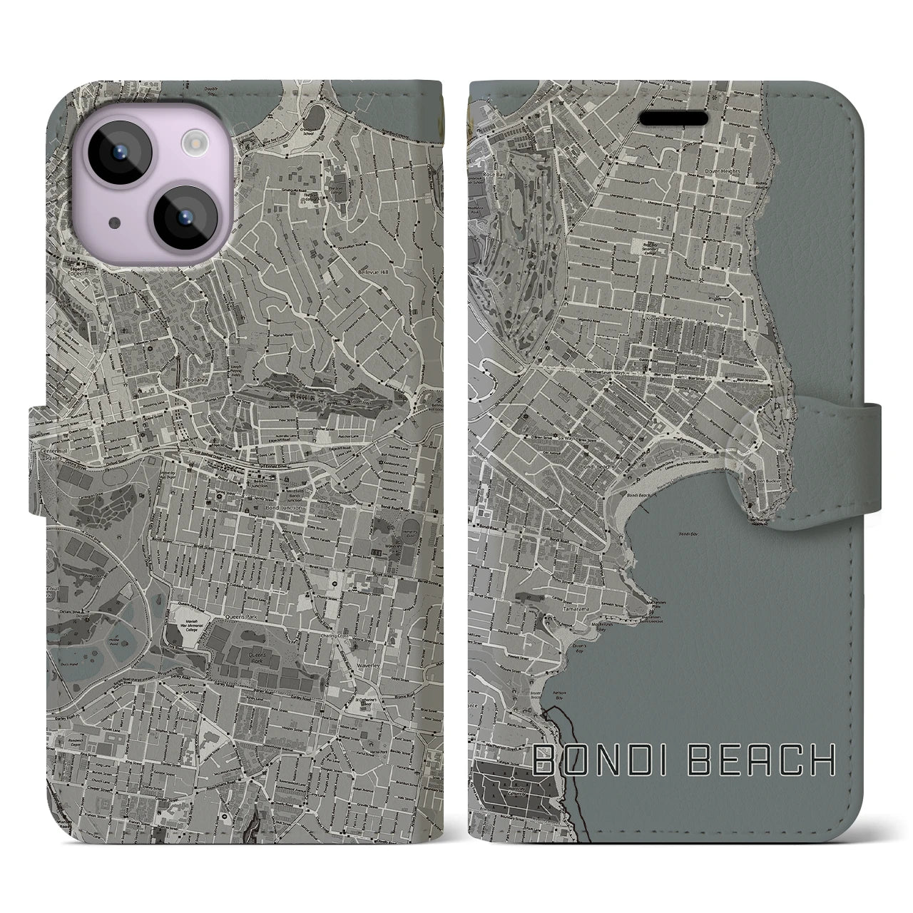 【ボンダイビーチ(オーストラリア)】地図柄iPhoneケース(手帳タイプ)モノトーン・iPhone 14 用