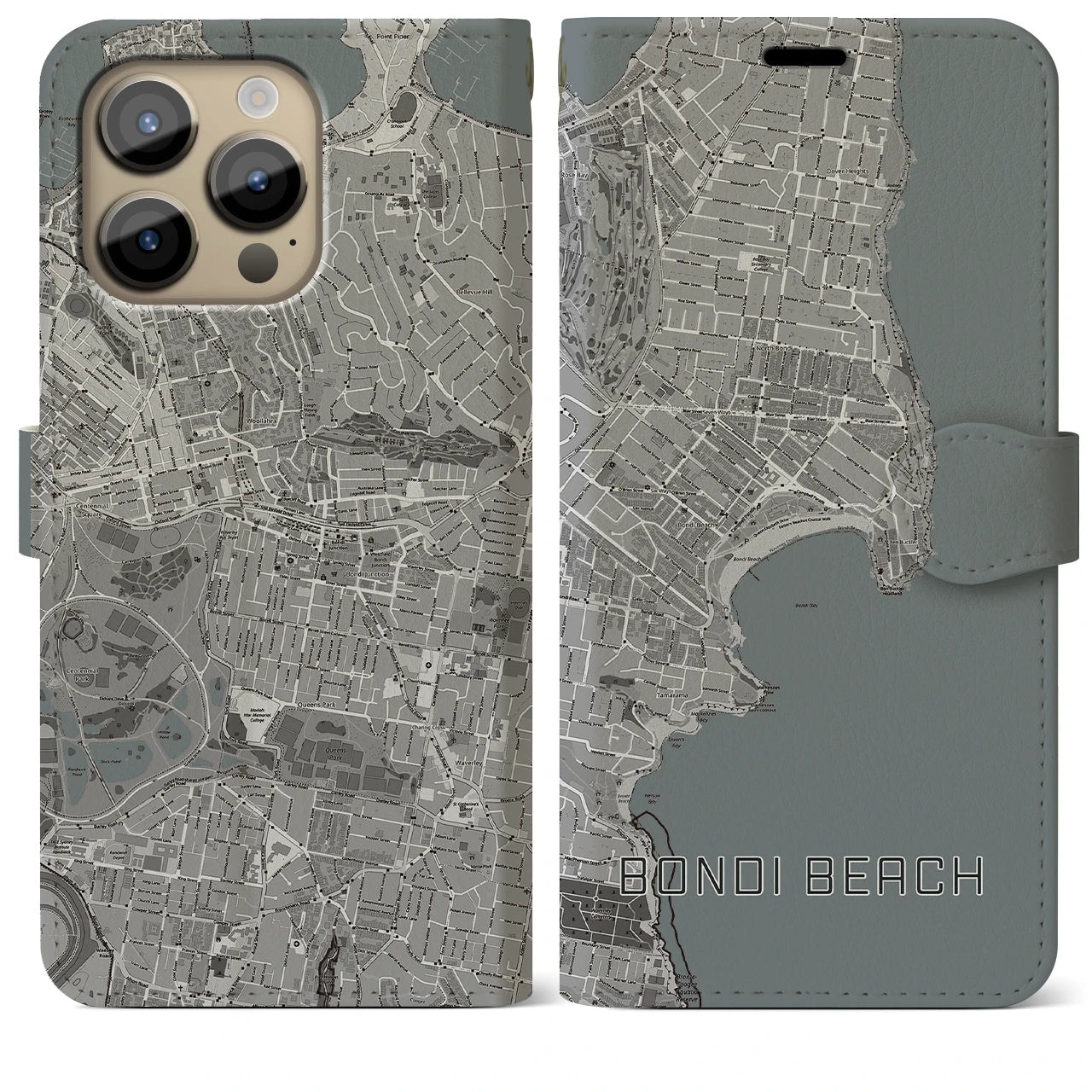 【ボンダイビーチ(オーストラリア)】地図柄iPhoneケース(手帳タイプ)モノトーン・iPhone 14 Pro Max 用
