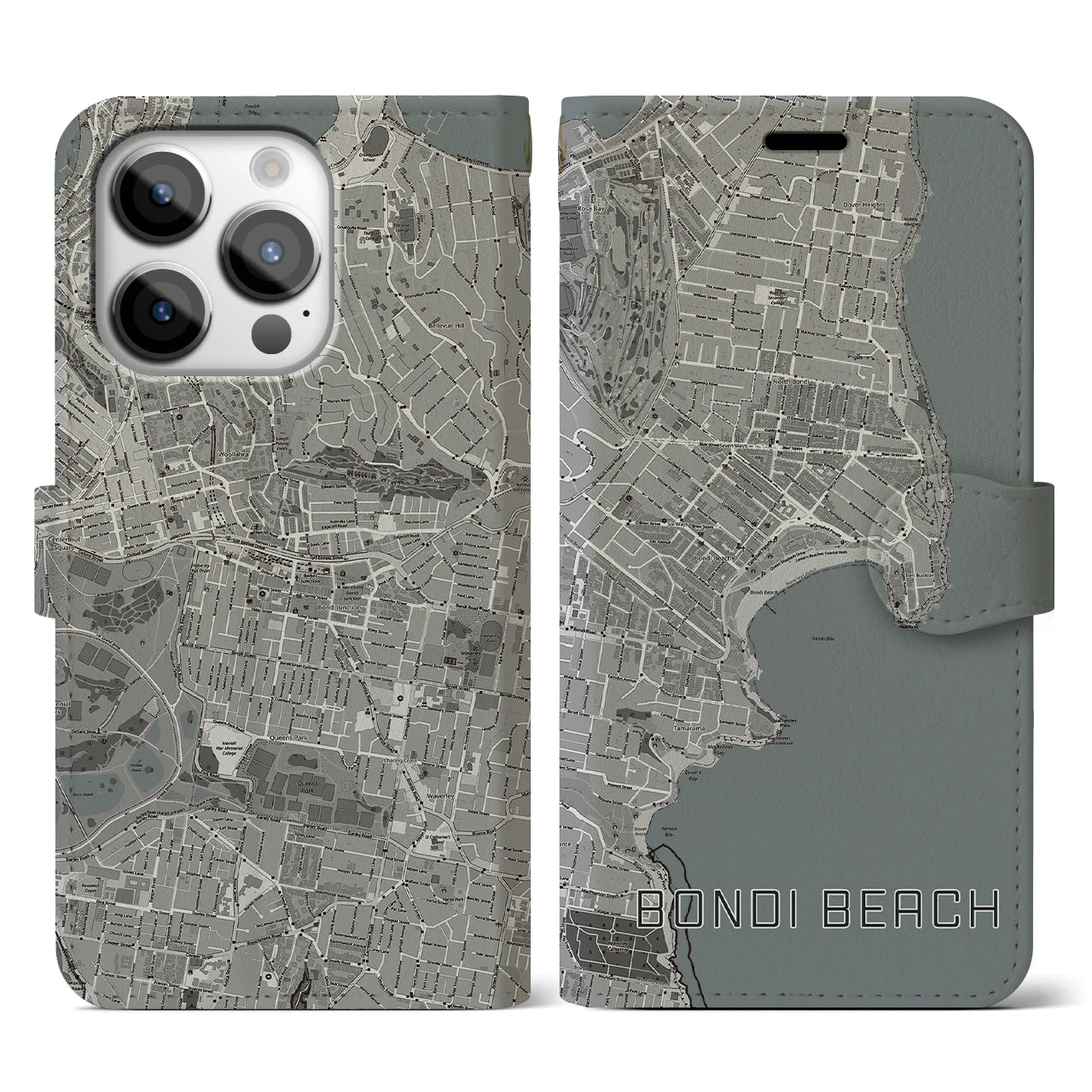 【ボンダイビーチ(オーストラリア)】地図柄iPhoneケース(手帳タイプ)モノトーン・iPhone 14 Pro 用