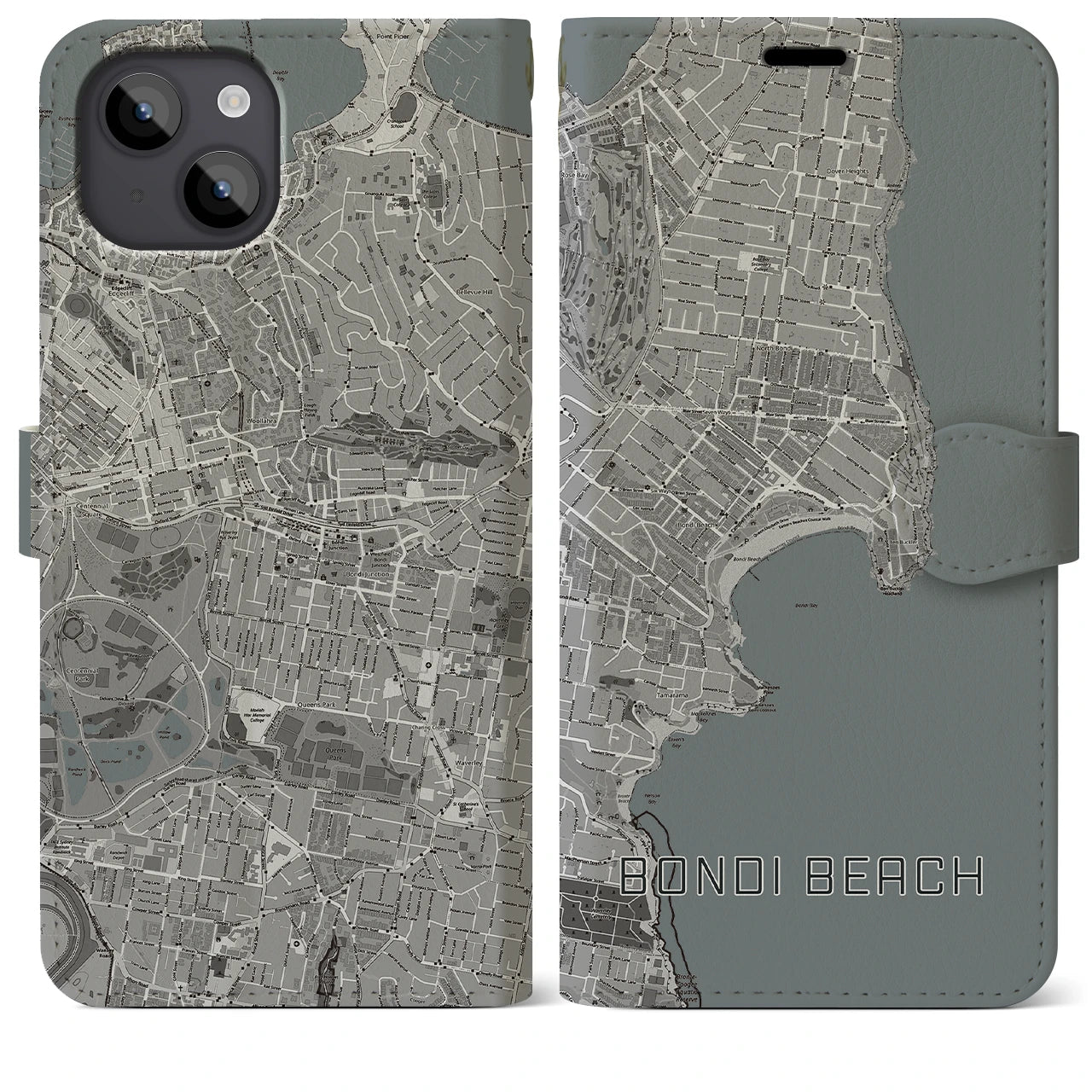【ボンダイビーチ(オーストラリア)】地図柄iPhoneケース(手帳タイプ)モノトーン・iPhone 14 Plus 用