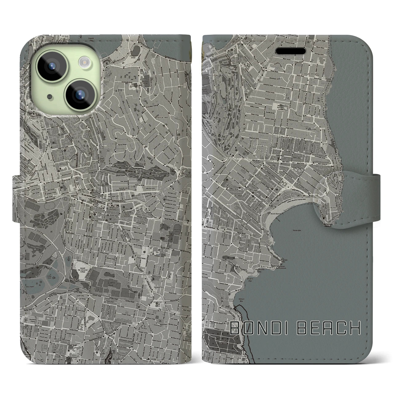 【ボンダイビーチ(オーストラリア)】地図柄iPhoneケース(手帳タイプ)モノトーン・iPhone 15 用